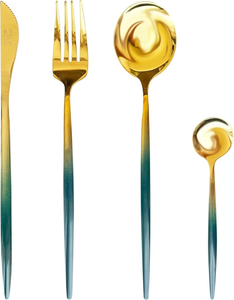 24-Piece Stainless Steel Flatware Set Service for 6 Include Knives Forks Spoons Cutlery Set for Kitchen Restaurant Dishwasher Safe (Gold*Dark Green) (Gold/Green)